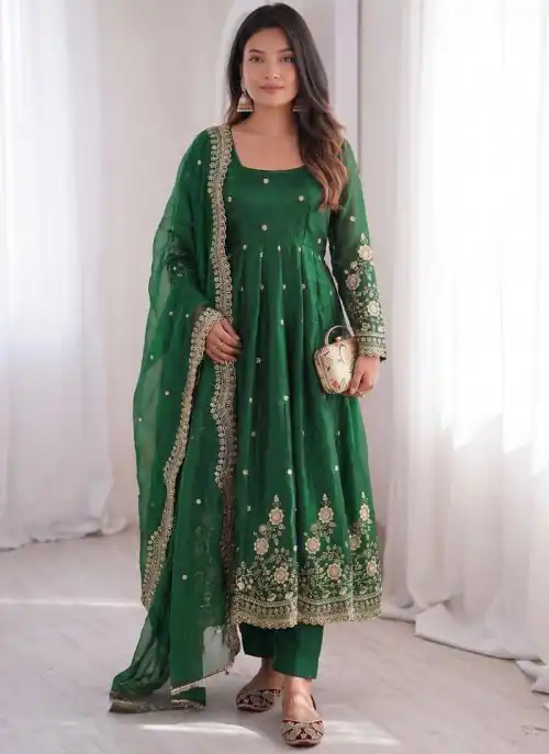ZB 5073 Green Fendy Silk Gown Perfect for Wedding, Party, Baisakhi, Traditional Day, Makar Sankranti – Introductory Price ₹2049. Delivery 4-6 Working Days. | Gowns, Bollywood Gowns, Creative Gowns, Designer Gowns, Embroidered Gowns, Party Wear Gowns