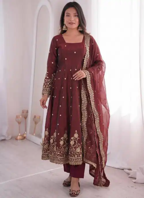 ZB 5073 Maroon Fendy Silk Gown Perfect for Wedding, Party, Baisakhi, Traditional Day, Makar Sankranti – Introductory Price ₹2049. Delivery 4-6 Working Days. | Gowns, Bollywood Gowns, Creative Gowns, Designer Gowns, Embroidered Gowns, Party Wear Gowns