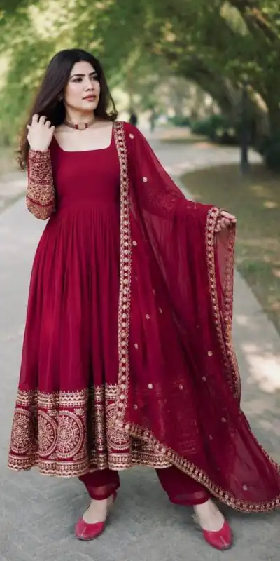 ZC 8020 Maroon | Fox Georgette Gown with Sequins Work & Embroidery Work. Introductory Price ₹2099. Delivery 4-6 Working Days. Shop now. | Gowns, Bollywood Gowns, Creative Gowns, Designer Gowns, Embroidered Gowns, Party Wear Gowns