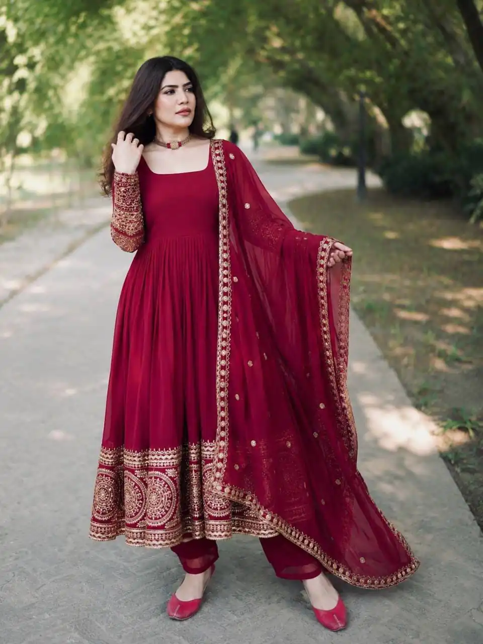 ZC 8020 Maroon | Fox Georgette Gown with Sequins Work & Embroidery Work. Introductory Price ₹2099. Delivery 4-6 Working Days. Shop now. | Gowns, Bollywood Gowns, Creative Gowns, Designer Gowns, Embroidered Gowns, Party Wear Gowns