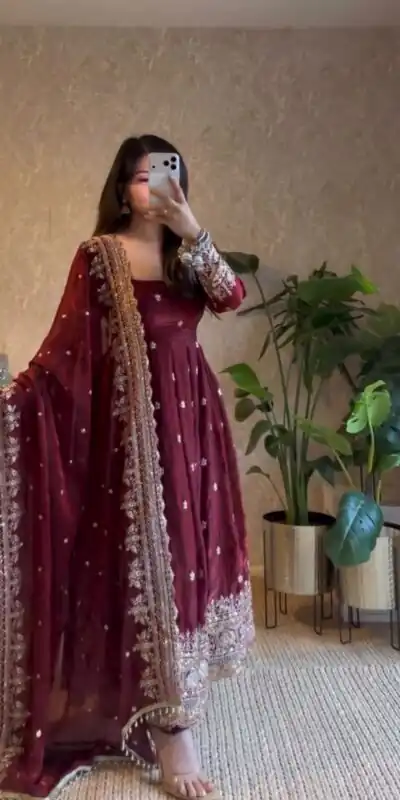 JF 033 Maroon in Maroon Georgette Sequins Work & Embroidery Work Gown . Introductory Price ₹2099. Delivery 4-6 Working Days. Shop now. | Gowns, Bollywood Gowns, Creative Gowns, Designer Gowns, Embroidered Gowns, Party Wear Gowns