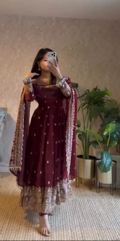 JF 033 Maroon in Maroon Georgette Sequins Work & Embroidery Work Gown . Introductory Price ₹2099. Delivery 4-6 Working Days. Shop now. | Gowns, Bollywood Gowns, Creative Gowns, Designer Gowns, Embroidered Gowns, Party Wear Gowns