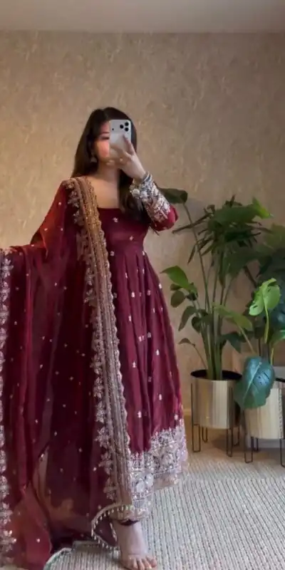 JF 033 Maroon in Maroon Georgette Sequins Work & Embroidery Work Gown . Introductory Price ₹2099. Delivery 4-6 Working Days. Shop now. | Gowns, Bollywood Gowns, Creative Gowns, Designer Gowns, Embroidered Gowns, Party Wear Gowns