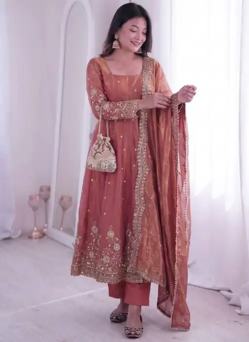 ZB 5073 Peach Fendy Silk Gown Perfect for Wedding, Party, Baisakhi, Traditional Day, Makar Sankranti – Introductory Price ₹2049. Delivery 4-6 Working Days. | Gowns, Bollywood Gowns, Creative Gowns, Designer Gowns, Embroidered Gowns, Party Wear Gowns