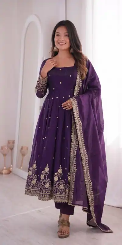 ZB 5073 Purple Fendy Silk Gown Perfect for Wedding, Party, Baisakhi, Traditional Day, Makar Sankranti – Introductory Price ₹2049. Delivery 4-6 Working Days. | Gowns, Bollywood Gowns, Creative Gowns, Designer Gowns, Embroidered Gowns, Party Wear Gowns