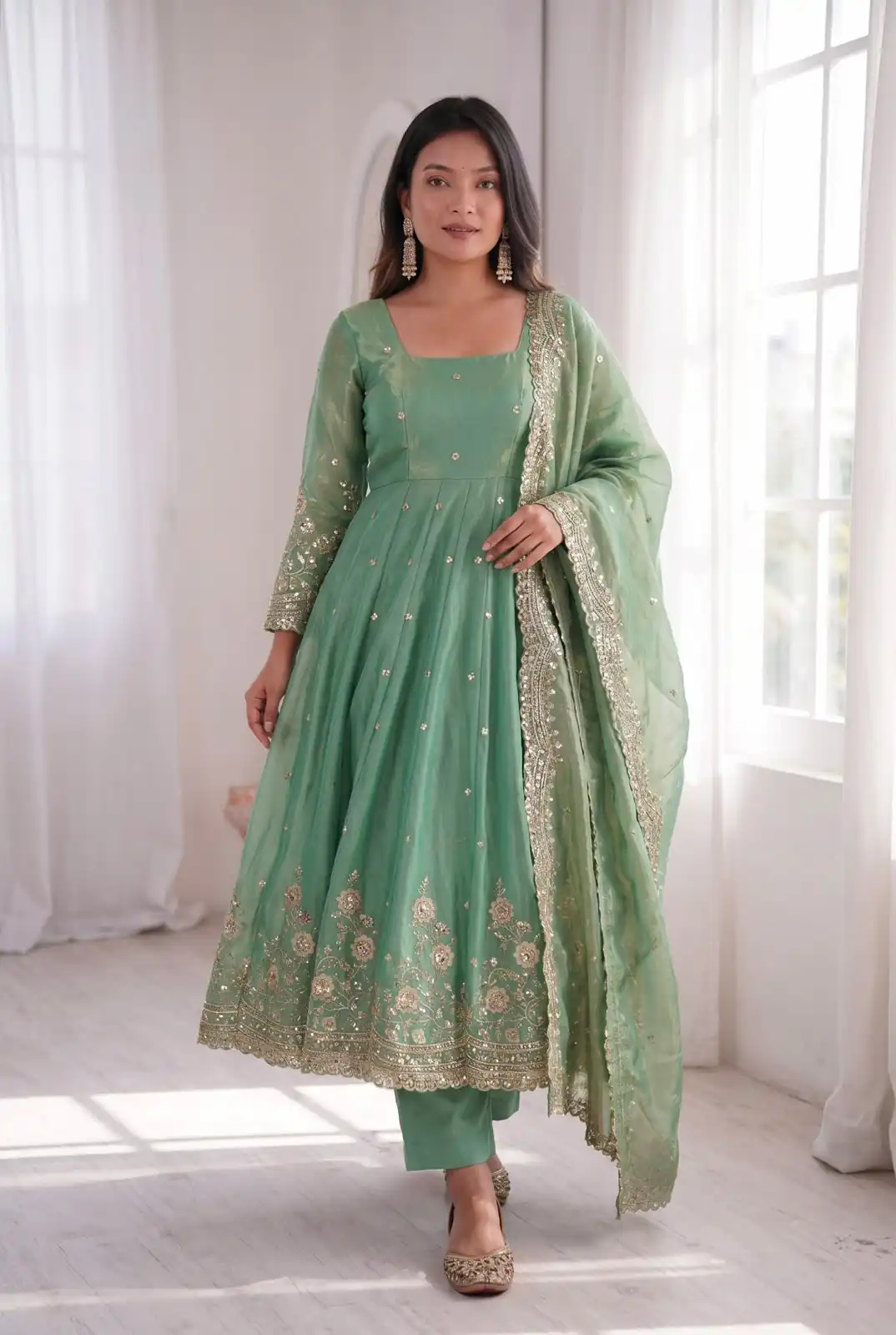 ZB 5073 Sea Green Fendy Silk Gown Perfect for Wedding, Party, Traditional, Makar Sankranti – . Introductory Price ₹2049. Delivery 4-6 Working Days. | Gowns, Bollywood Gowns, Creative Gowns, Designer Gowns, Embroidered Gowns, Party Wear Gowns