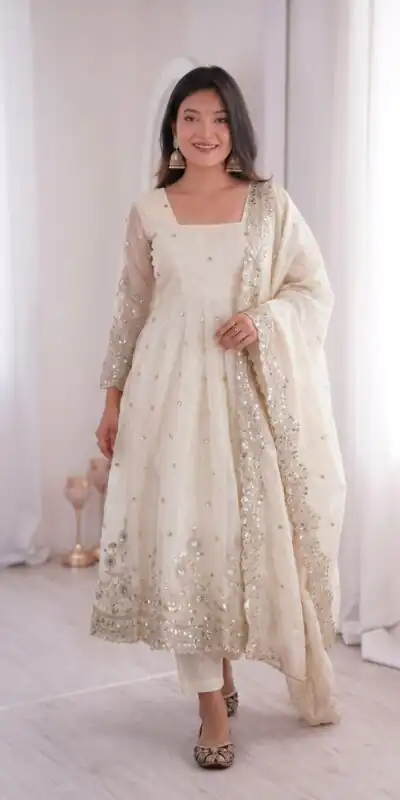ZB 5073 White Fendy Silk Gown Perfect for Wedding, Party, Baisakhi, Traditional Day, Makar Sankranti – Introductory Price ₹2049. Delivery 4-6 Working Days. | Gowns, Bollywood Gowns, Creative Gowns, Designer Gowns, Embroidered Gowns, Party Wear Gowns