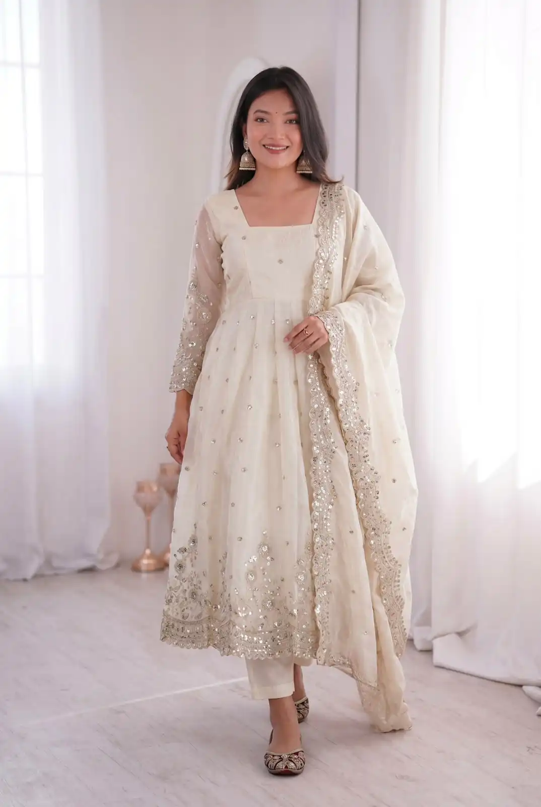 ZB 5073 White Fendy Silk Gown Perfect for Wedding, Party, Baisakhi, Traditional Day, Makar Sankranti – Introductory Price ₹2049. Delivery 4-6 Working Days. | Gowns, Bollywood Gowns, Creative Gowns, Designer Gowns, Embroidered Gowns, Party Wear Gowns