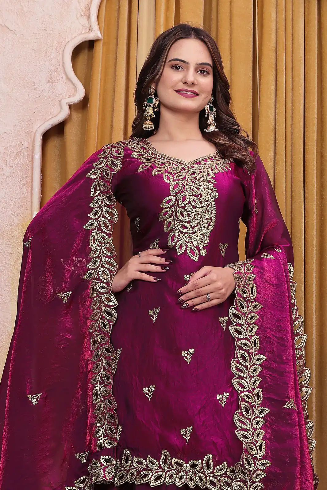 FE  141 Wine Fendy Silk Salwar Suit with Mirror Work & Embroidery Work. Best Price ₹2449. Delivery 4-6 Working Days. Shop now. | Jump Suits, Salwar suit, Designer Suits, Casual Suits, Creative suits, Palazzo Suits, Party Wear Suits, Patiala Suits, Straight Suits
