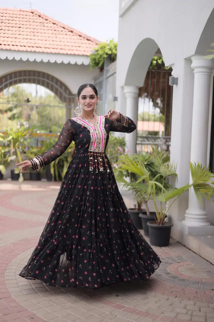 KA 1265 Black Color Faux Georgette Gown with Mirror Work. Wedding, Party, Festive, Events Get it for ₹1819. Delivery 4-6 Working Days.Online Shop now. | Gowns, Bollywood Gowns, Creative Gowns, Designer Gowns, Embroidered Gowns, Party Wear Gowns