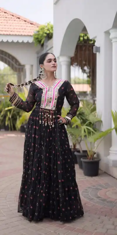 KA 1265 Black Color Faux Georgette Gown with Mirror Work. Wedding, Party, Festive, Events Get it for ₹1819. Delivery 4-6 Working Days.Online Shop now. | Gowns, Bollywood Gowns, Creative Gowns, Designer Gowns, Embroidered Gowns, Party Wear Gowns