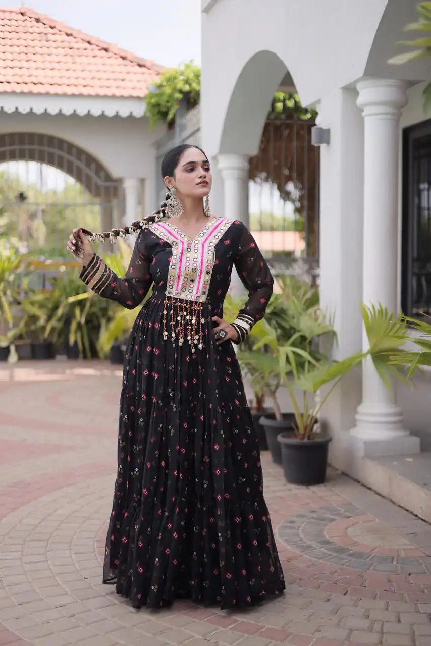 KA 1265 Black Color Faux Georgette Gown with Mirror Work. Wedding, Party, Festive, Events Get it for ₹1819. Delivery 4-6 Working Days.Online Shop now. | Gowns, Bollywood Gowns, Creative Gowns, Designer Gowns, Embroidered Gowns, Party Wear Gowns