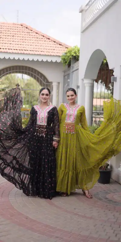 KA 1265 Black Color Faux Georgette Gown with Mirror Work. Wedding, Party, Festive, Events Get it for ₹1819. Delivery 4-6 Working Days.Online Shop now. | Gowns, Bollywood Gowns, Creative Gowns, Designer Gowns, Embroidered Gowns, Party Wear Gowns