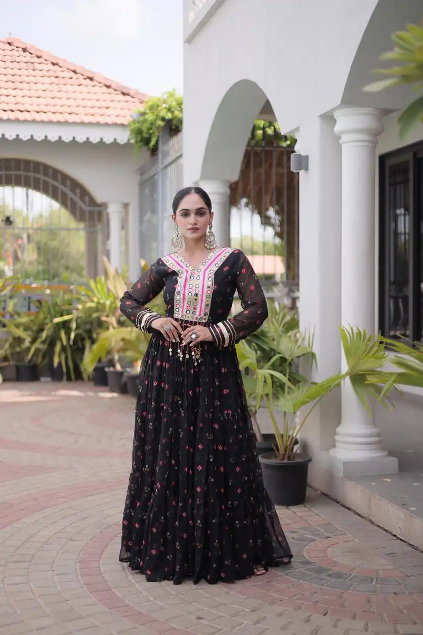 KA 1265 Black Color Faux Georgette Gown with Mirror Work. Wedding, Party, Festive, Events Get it for ₹1819. Delivery 4-6 Working Days.Online Shop now. | Gowns, Bollywood Gowns, Creative Gowns, Designer Gowns, Embroidered Gowns, Party Wear Gowns