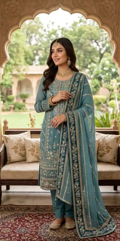 ZSR 3175 Blue Fox Georgette Salwar Suit with Embroidery Work & Sequins Work. Grab it for ₹2399. Delivery 4-6 Working Days. Shop now. | Jump Suits, Salwar suit, Designer Suits, Casual Suits, Creative suits, Palazzo Suits, Party Wear Suits, Patiala Suits, Straight Suits