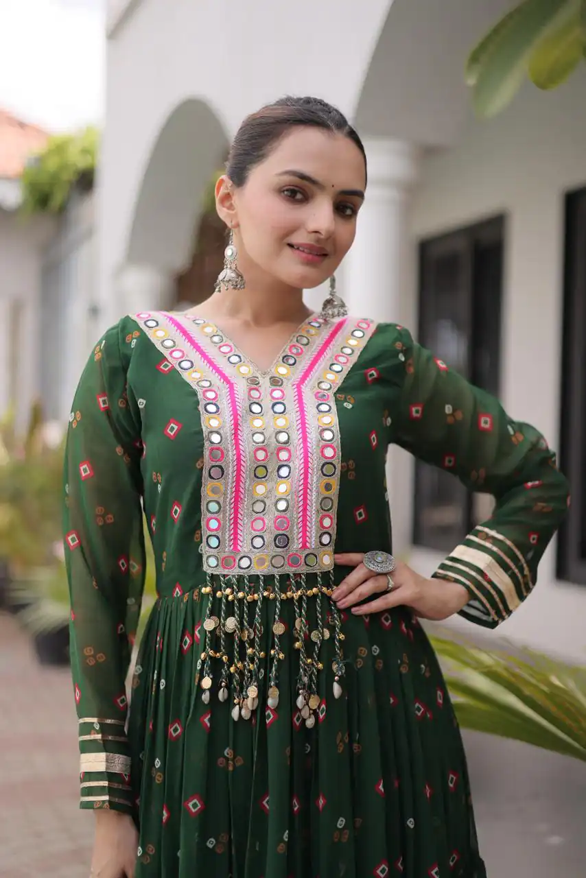 KA 1265 Green Color Faux Georgette Gown with Mirror Work. Wedding, Party, Festive, Events Get it for ₹1819. Delivery 4-6 Working Days.Online Shop now. | Gowns, Bollywood Gowns, Creative Gowns, Designer Gowns, Embroidered Gowns, Party Wear Gowns