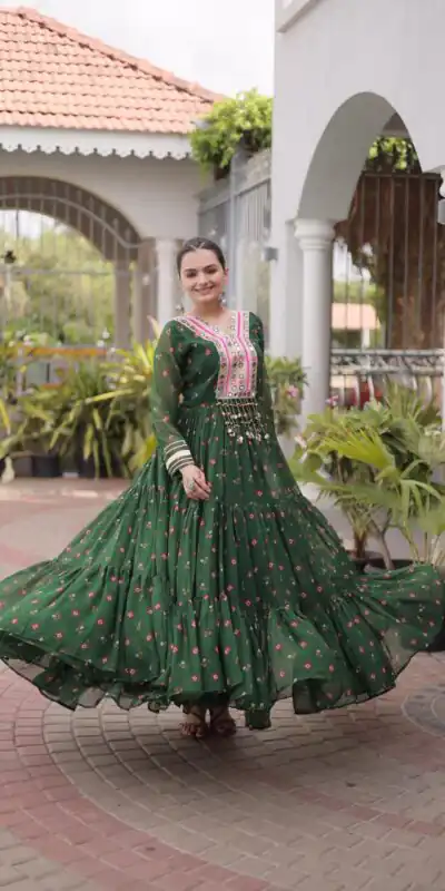 KA 1265 Green Color Faux Georgette Gown with Mirror Work. Wedding, Party, Festive, Events Get it for ₹1819. Delivery 4-6 Working Days.Online Shop now. | Gowns, Bollywood Gowns, Creative Gowns, Designer Gowns, Embroidered Gowns, Party Wear Gowns