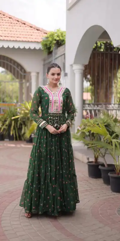 KA 1265 Green Color Faux Georgette Gown with Mirror Work. Wedding, Party, Festive, Events Get it for ₹1819. Delivery 4-6 Working Days.Online Shop now. | Gowns, Bollywood Gowns, Creative Gowns, Designer Gowns, Embroidered Gowns, Party Wear Gowns