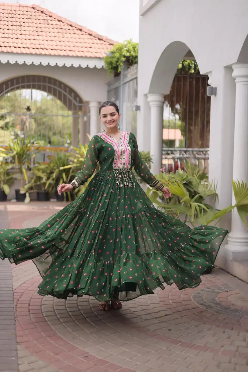KA 1265 Green Color Faux Georgette Gown with Mirror Work. Wedding, Party, Festive, Events Get it for ₹1819. Delivery 4-6 Working Days.Online Shop now. | Gowns, Bollywood Gowns, Creative Gowns, Designer Gowns, Embroidered Gowns, Party Wear Gowns