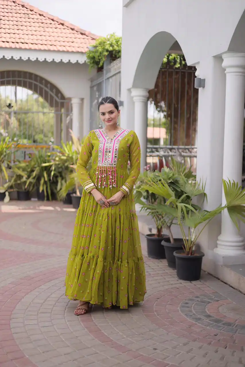 KA 1265 Lime Yellow Color Faux Georgette Gown with Mirror Work. Wedding, Party, Festive, Events Get it for ₹1819. Delivery 4-6 Working Days.Online Shop now. | Gowns, Bollywood Gowns, Creative Gowns, Designer Gowns, Embroidered Gowns, Party Wear Gowns