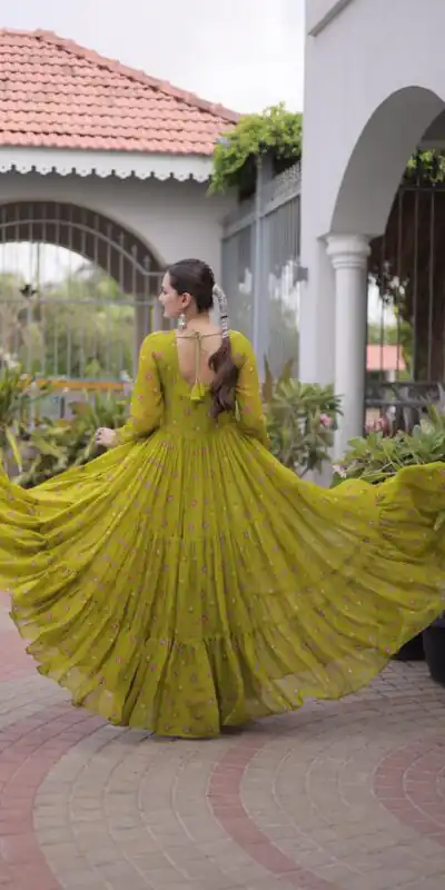 KA 1265 Lime Yellow Color Faux Georgette Gown with Mirror Work. Wedding, Party, Festive, Events Get it for ₹1819. Delivery 4-6 Working Days.Online Shop now. | Gowns, Bollywood Gowns, Creative Gowns, Designer Gowns, Embroidered Gowns, Party Wear Gowns