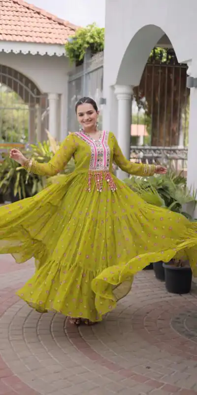 KA 1265 Lime Yellow Color Faux Georgette Gown with Mirror Work. Wedding, Party, Festive, Events Get it for ₹1819. Delivery 4-6 Working Days.Online Shop now. | Gowns, Bollywood Gowns, Creative Gowns, Designer Gowns, Embroidered Gowns, Party Wear Gowns