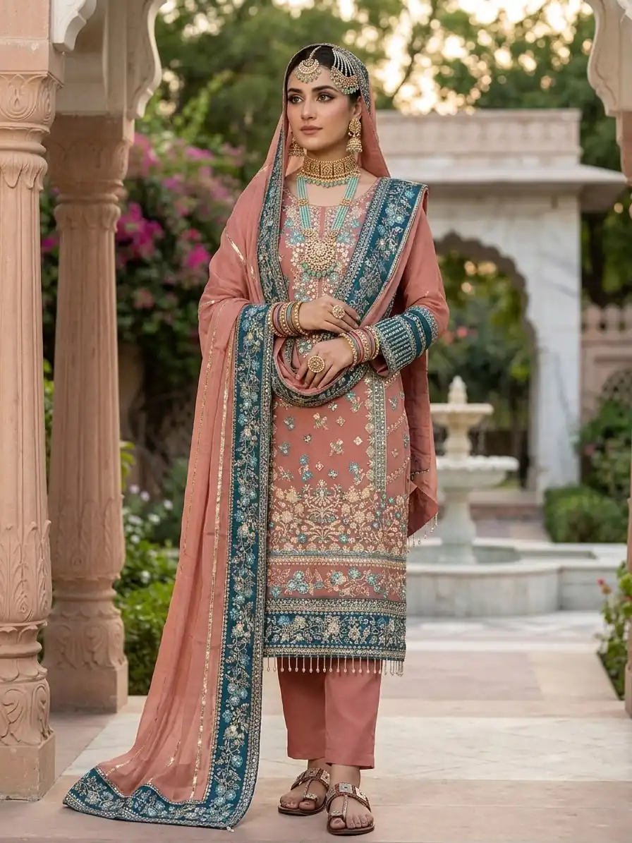ZSR 3175 Peach Fox Georgette Salwar Suit with Embroidery Work & Sequins Work. Grab it for ₹2399. Delivery 4-6 Working Days. Shop now. | Jump Suits, Salwar suit, Designer Suits, Casual Suits, Creative suits, Palazzo Suits, Party Wear Suits, Patiala Suits, Straight Suits