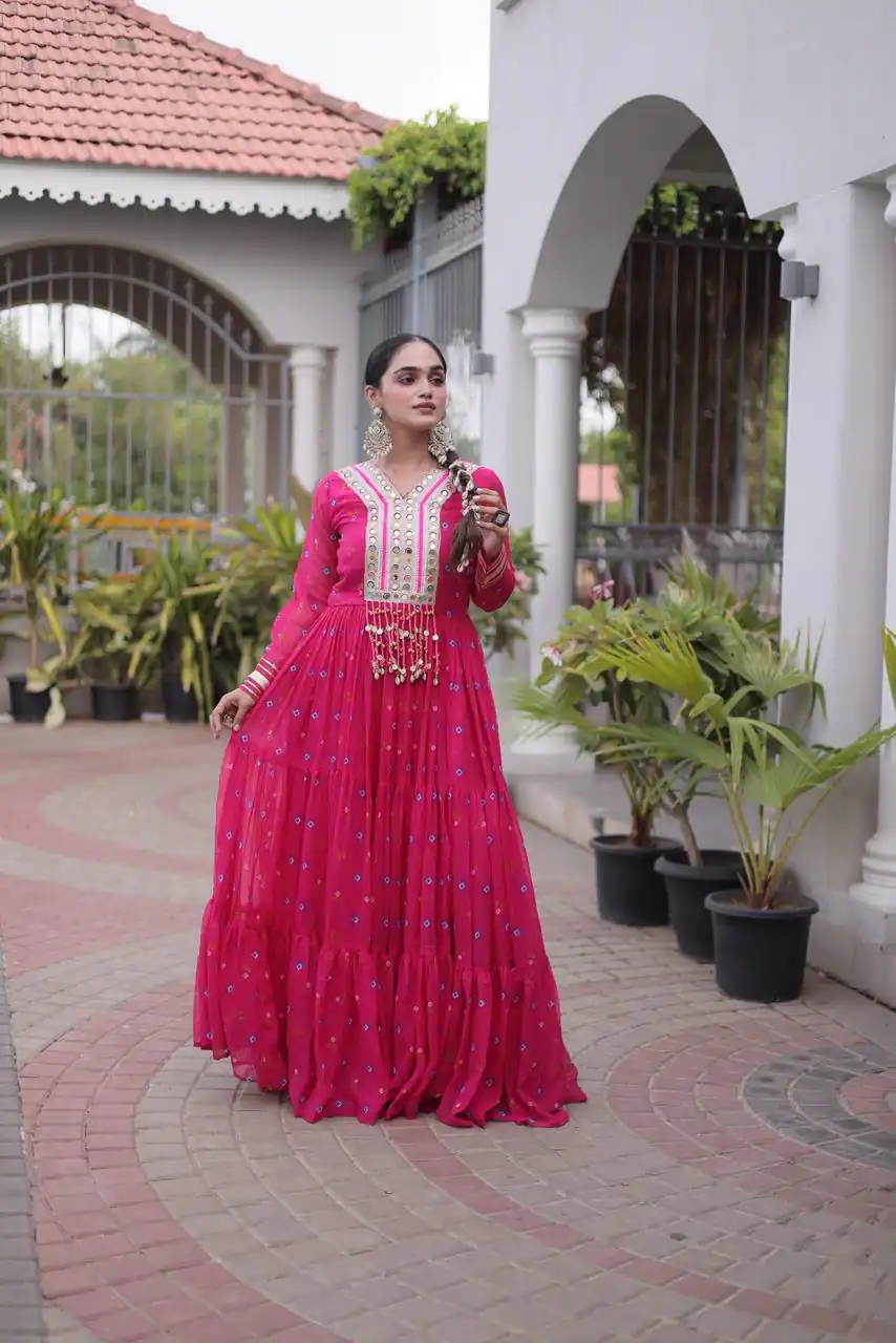 KA 1265 Pink Color Faux Georgette Gown with Mirror Work. Wedding, Party, Festive, Events Get it for ₹1819. Delivery 4-6 Working Days.Online Shop now. | Gowns, Bollywood Gowns, Creative Gowns, Designer Gowns, Embroidered Gowns, Party Wear Gowns