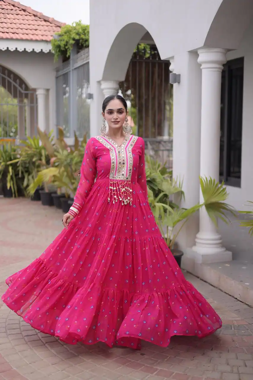 KA 1265 Pink Color Faux Georgette Gown with Mirror Work. Wedding, Party, Festive, Events Get it for ₹1819. Delivery 4-6 Working Days.Online Shop now. | Gowns, Bollywood Gowns, Creative Gowns, Designer Gowns, Embroidered Gowns, Party Wear Gowns