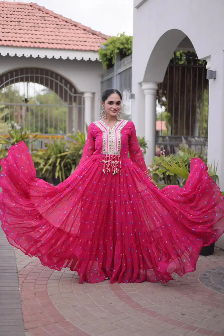 KA 1265 Pink Color Faux Georgette Gown with Mirror Work. Wedding, Party, Festive, Events Get it for ₹1819. Delivery 4-6 Working Days.Online Shop now. | Gowns, Bollywood Gowns, Creative Gowns, Designer Gowns, Embroidered Gowns, Party Wear Gowns