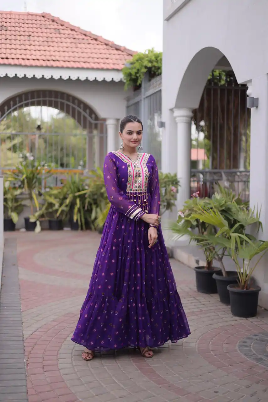 KA 1265 Purple Color Faux Georgette Gown with Mirror Work. Wedding, Party, Festive, Events Get it for ₹1819. Delivery 4-6 Working Days.Online Shop now. | Gowns, Bollywood Gowns, Creative Gowns, Designer Gowns, Embroidered Gowns, Party Wear Gowns