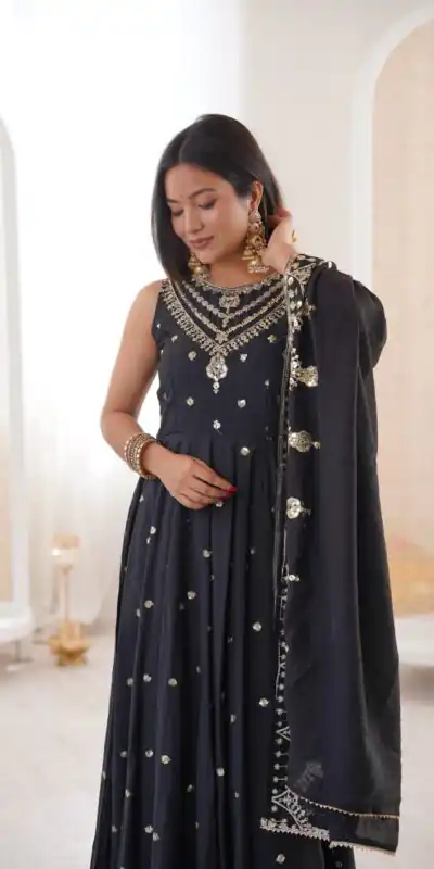 JF 038 Black Roman Silk Gown with Embroidery Work. Wedding, Party, Festive, Events, Navratri, Exclusive Offer ₹2149. Delivery 4-6 Working Days. Shop now. | Gowns, Bollywood Gowns, Creative Gowns, Designer Gowns, Embroidered Gowns, Party Wear Gowns