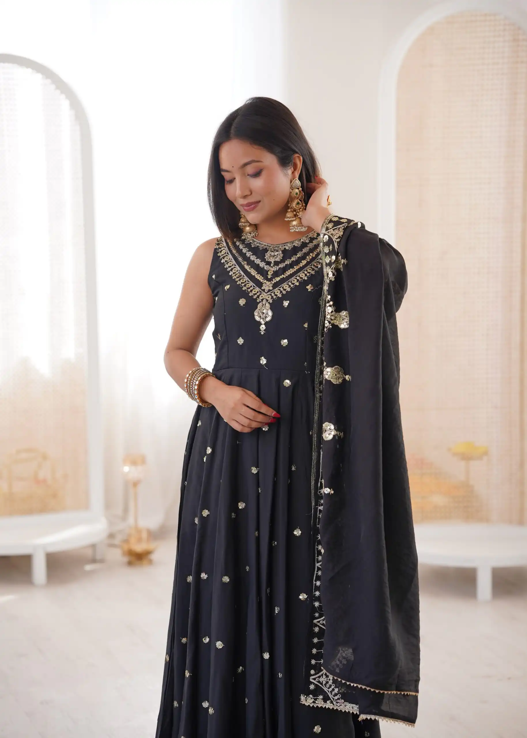 JF 038 Black Roman Silk Gown with Embroidery Work. Wedding, Party, Festive, Events, Navratri, Exclusive Offer ₹2149. Delivery 4-6 Working Days. Shop now. | Gowns, Bollywood Gowns, Creative Gowns, Designer Gowns, Embroidered Gowns, Party Wear Gowns