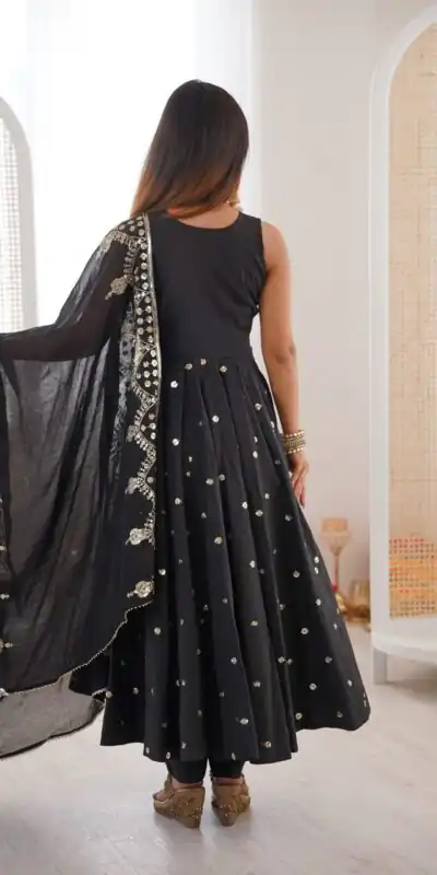 JF 038 Black Roman Silk Gown with Embroidery Work. Wedding, Party, Festive, Events, Navratri, Exclusive Offer ₹2149. Delivery 4-6 Working Days. Shop now. | Gowns, Bollywood Gowns, Creative Gowns, Designer Gowns, Embroidered Gowns, Party Wear Gowns