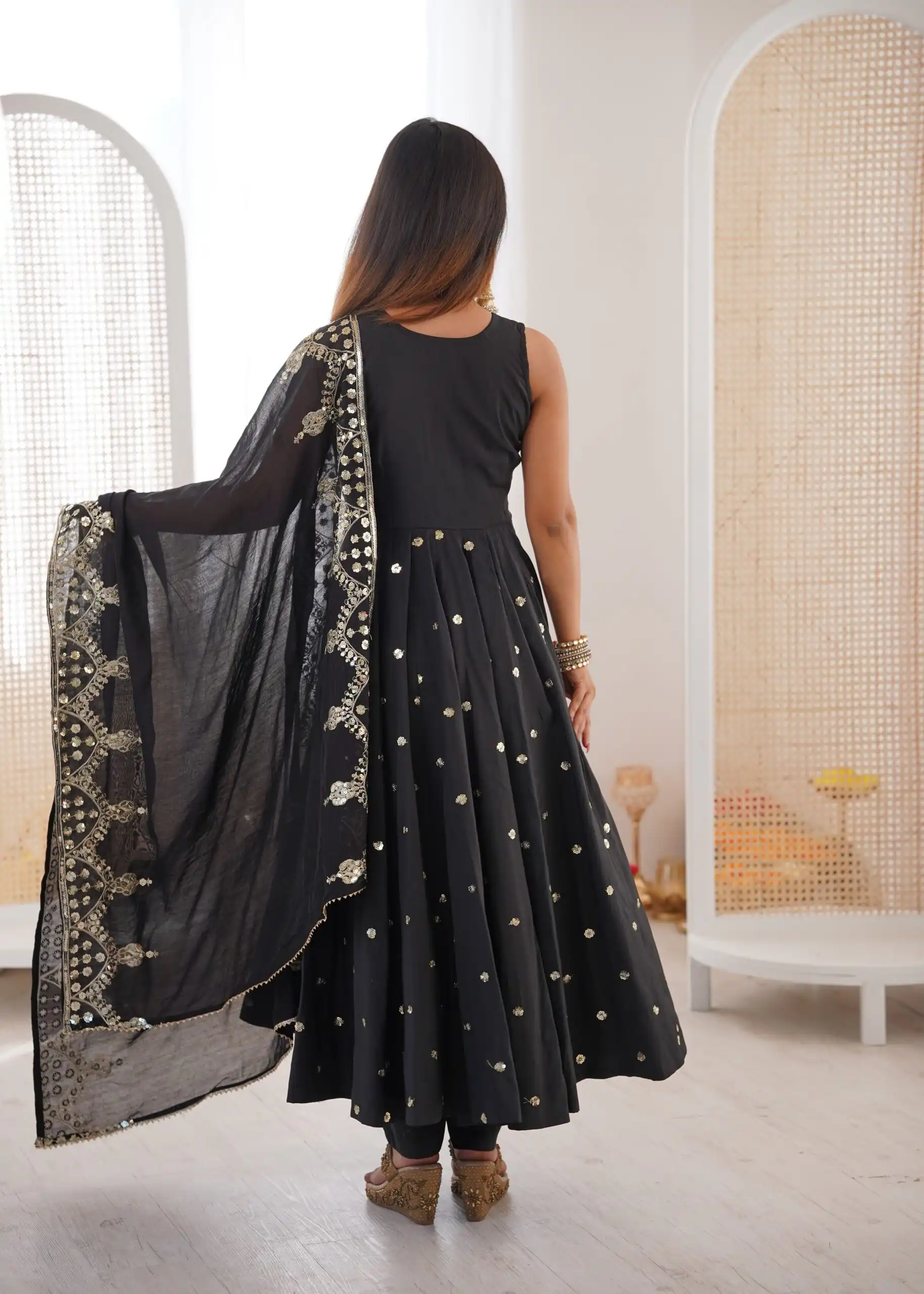 JF 038 Black Roman Silk Gown with Embroidery Work. Wedding, Party, Festive, Events, Navratri, Exclusive Offer ₹2149. Delivery 4-6 Working Days. Shop now. | Gowns, Bollywood Gowns, Creative Gowns, Designer Gowns, Embroidered Gowns, Party Wear Gowns