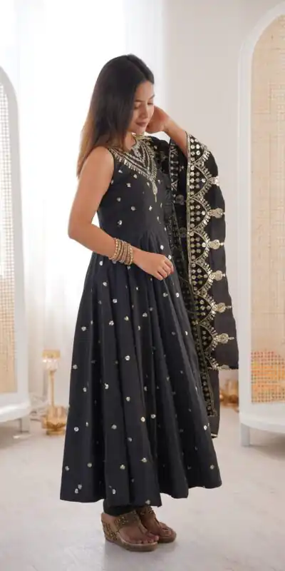 JF 038 Black Roman Silk Gown with Embroidery Work. Wedding, Party, Festive, Events, Navratri, Exclusive Offer ₹2149. Delivery 4-6 Working Days. Shop now. | Gowns, Bollywood Gowns, Creative Gowns, Designer Gowns, Embroidered Gowns, Party Wear Gowns