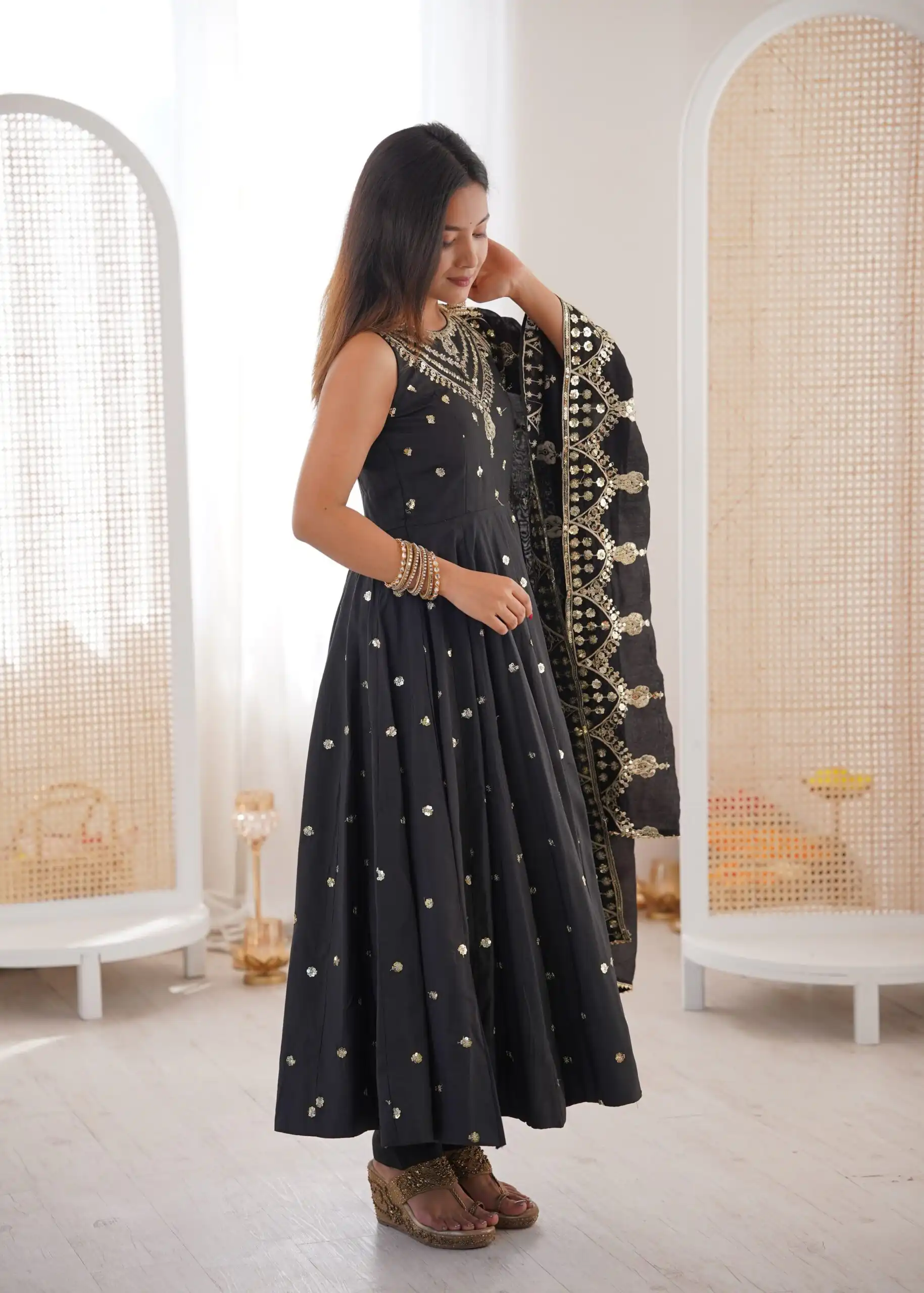 JF 038 Black Roman Silk Gown with Embroidery Work. Wedding, Party, Festive, Events, Navratri, Exclusive Offer ₹2149. Delivery 4-6 Working Days. Shop now. | Gowns, Bollywood Gowns, Creative Gowns, Designer Gowns, Embroidered Gowns, Party Wear Gowns