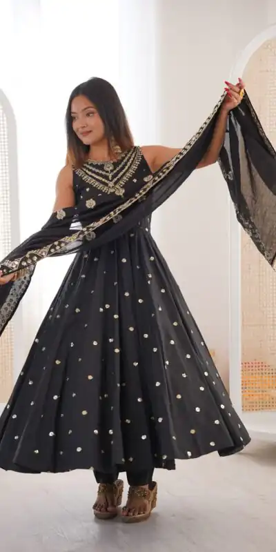 JF 038 Black Roman Silk Gown with Embroidery Work. Wedding, Party, Festive, Events, Navratri, Exclusive Offer ₹2149. Delivery 4-6 Working Days. Shop now. | Gowns, Bollywood Gowns, Creative Gowns, Designer Gowns, Embroidered Gowns, Party Wear Gowns