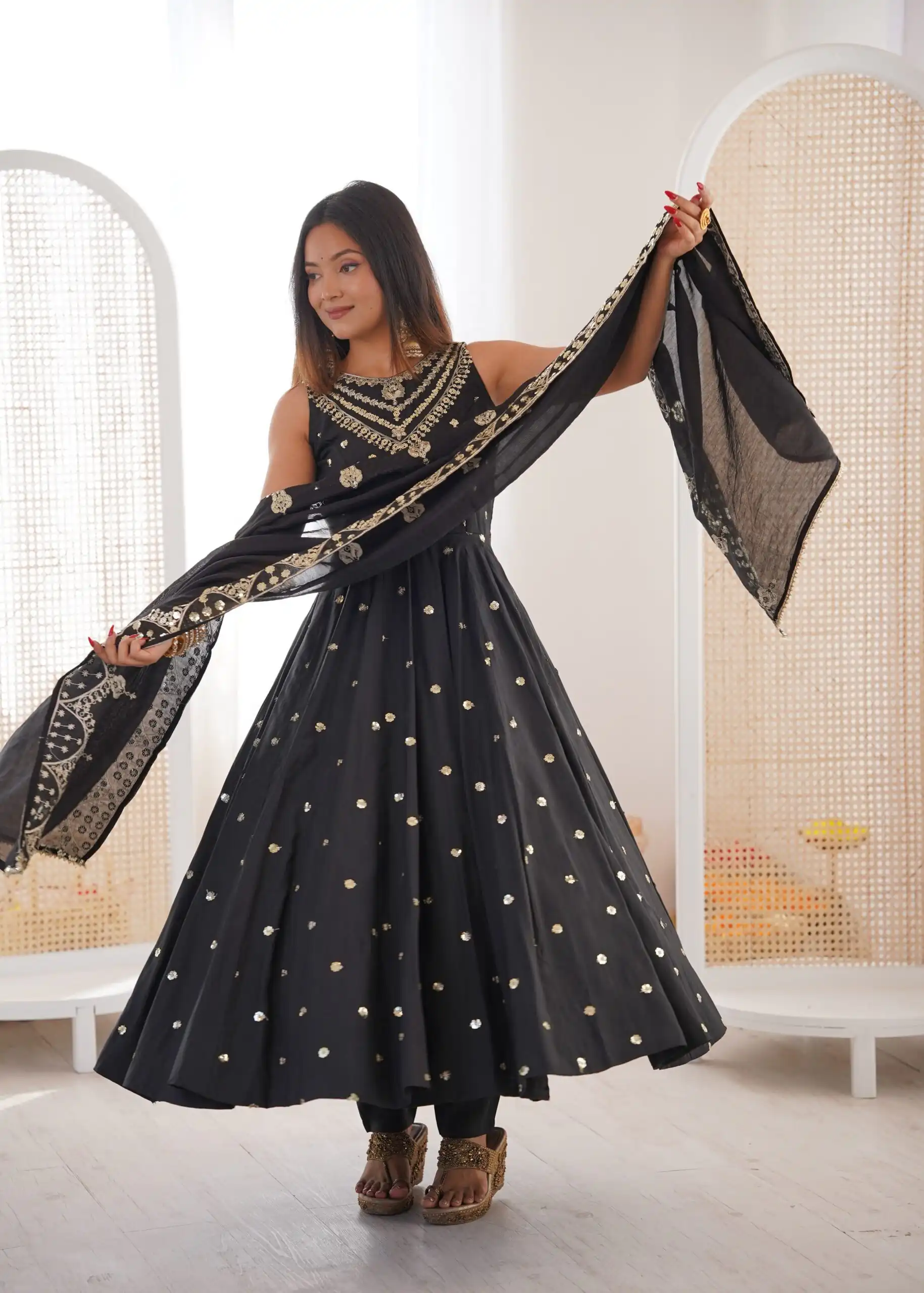 JF 038 Black Roman Silk Gown with Embroidery Work. Wedding, Party, Festive, Events, Navratri, Exclusive Offer ₹2149. Delivery 4-6 Working Days. Shop now. | Gowns, Bollywood Gowns, Creative Gowns, Designer Gowns, Embroidered Gowns, Party Wear Gowns