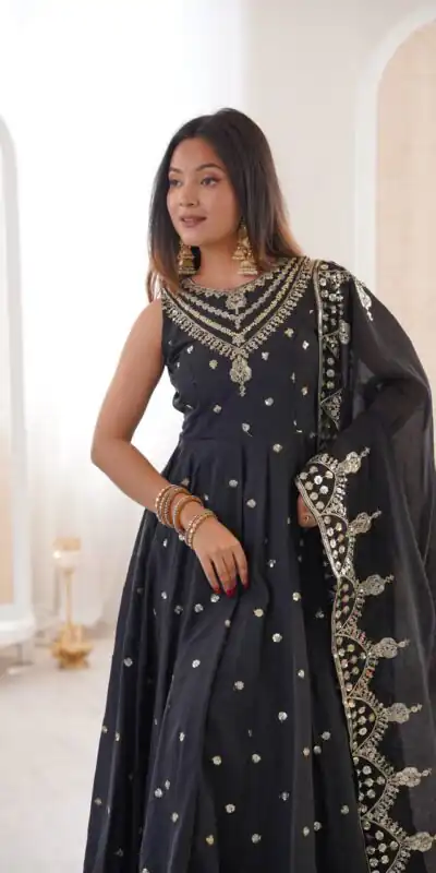 JF 038 Black Roman Silk Gown with Embroidery Work. Wedding, Party, Festive, Events, Navratri, Exclusive Offer ₹2149. Delivery 4-6 Working Days. Shop now. | Gowns, Bollywood Gowns, Creative Gowns, Designer Gowns, Embroidered Gowns, Party Wear Gowns