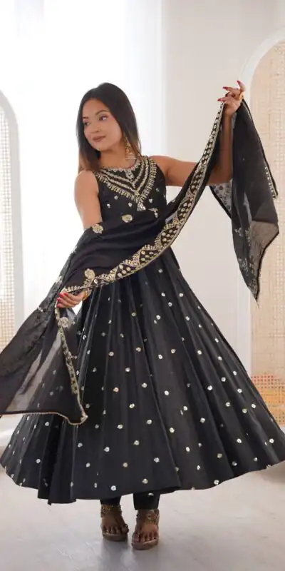 JF 038 Black Roman Silk Gown with Embroidery Work. Wedding, Party, Festive, Events, Navratri, Exclusive Offer ₹2149. Delivery 4-6 Working Days. Shop now. | Gowns, Bollywood Gowns, Creative Gowns, Designer Gowns, Embroidered Gowns, Party Wear Gowns
