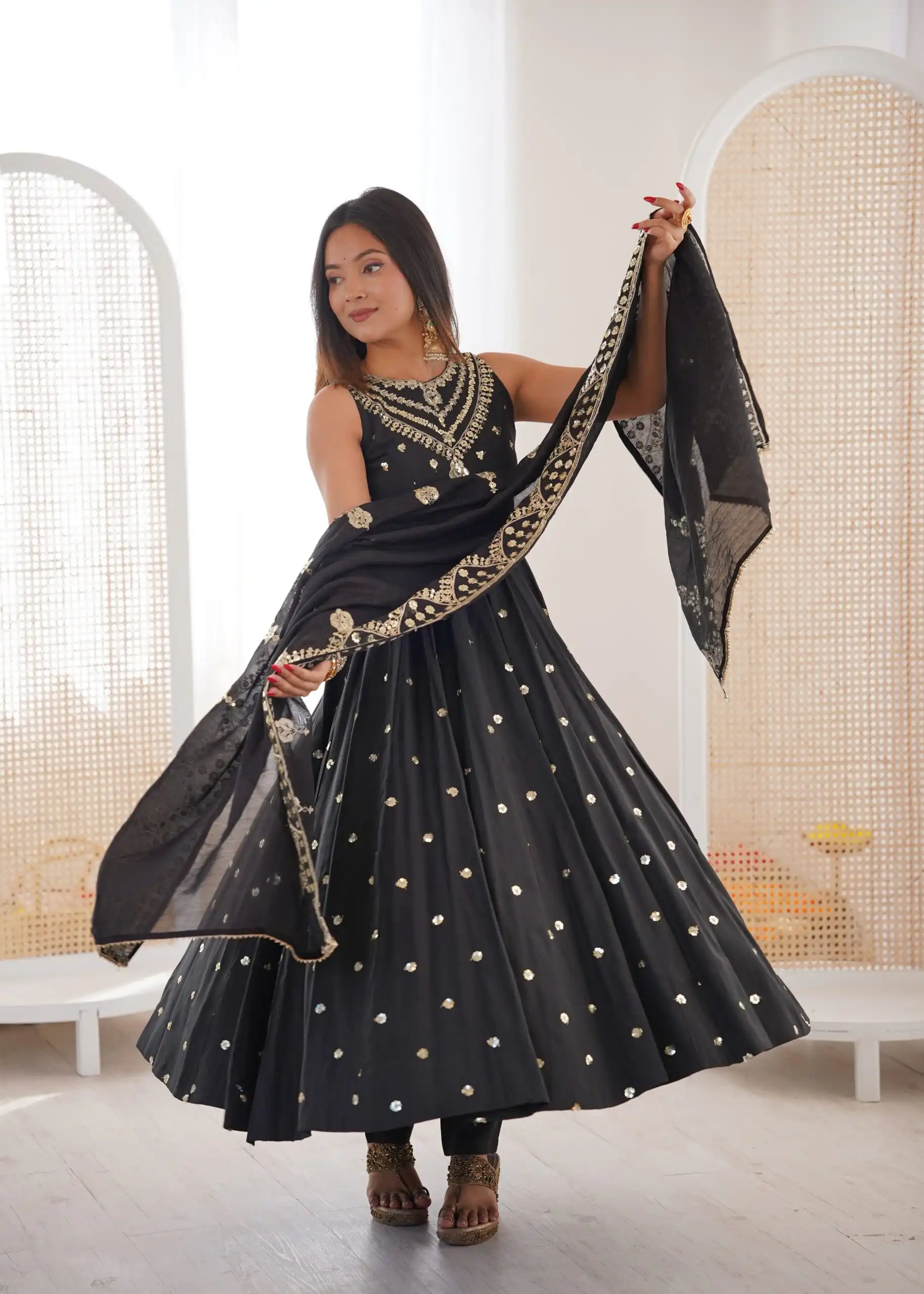 JF 038 Black Roman Silk Gown with Embroidery Work. Wedding, Party, Festive, Events, Navratri, Exclusive Offer ₹2149. Delivery 4-6 Working Days. Shop now. | Gowns, Bollywood Gowns, Creative Gowns, Designer Gowns, Embroidered Gowns, Party Wear Gowns
