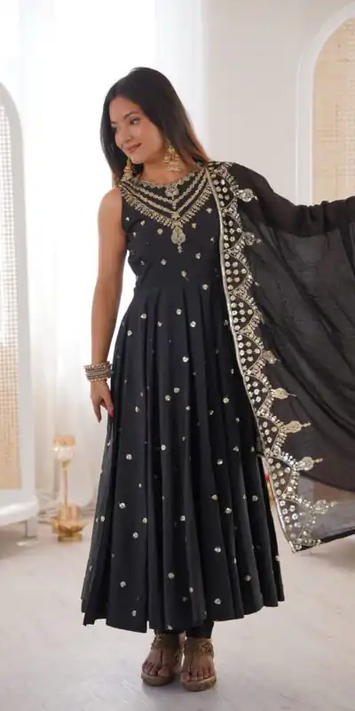 JF 038 Black Roman Silk Gown with Embroidery Work. Wedding, Party, Festive, Events, Navratri, Exclusive Offer ₹2149. Delivery 4-6 Working Days. Shop now. | Gowns, Bollywood Gowns, Creative Gowns, Designer Gowns, Embroidered Gowns, Party Wear Gowns