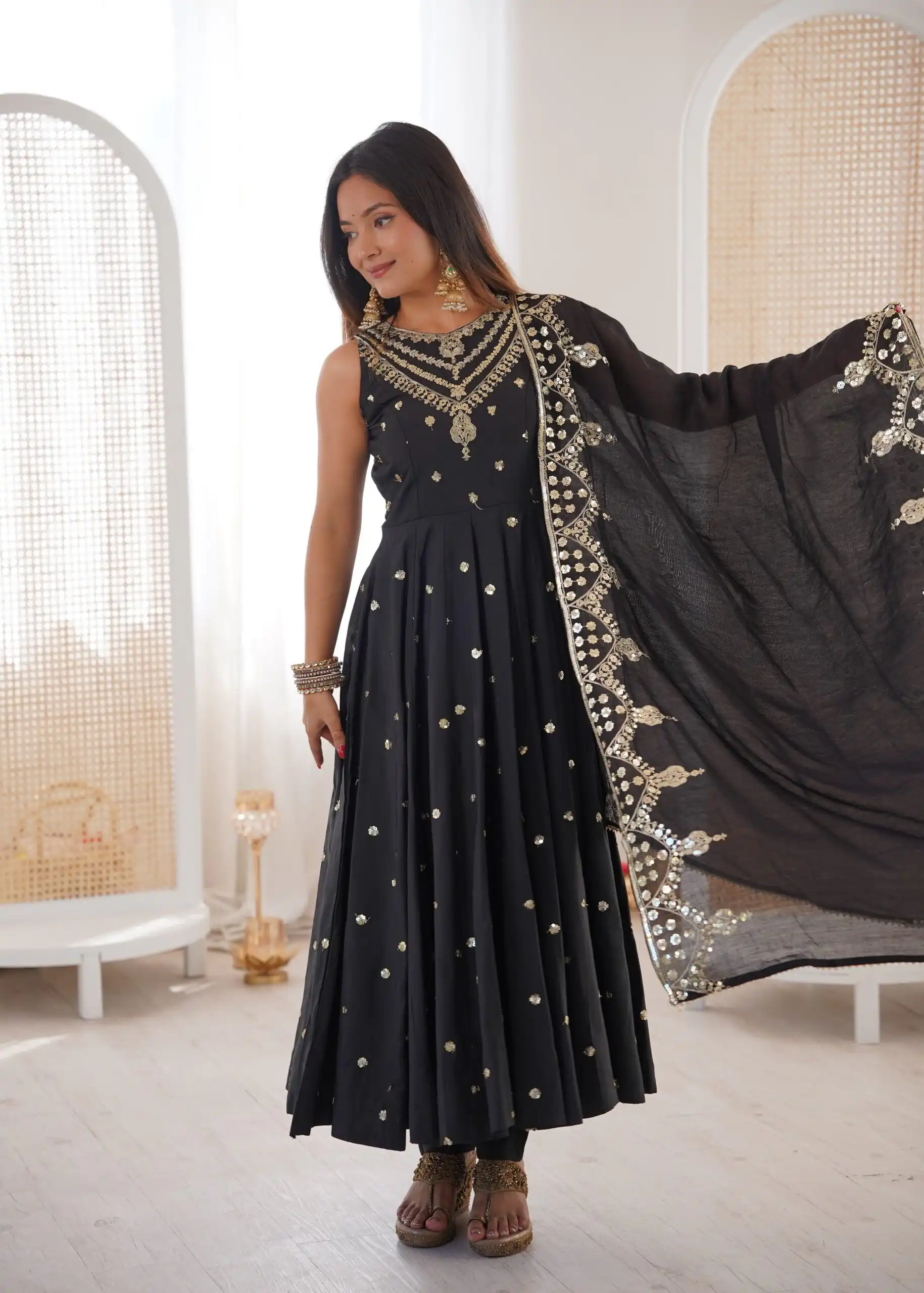JF 038 Black Roman Silk Gown with Embroidery Work. Wedding, Party, Festive, Events, Navratri, Exclusive Offer ₹2149. Delivery 4-6 Working Days. Shop now. | Gowns, Bollywood Gowns, Creative Gowns, Designer Gowns, Embroidered Gowns, Party Wear Gowns