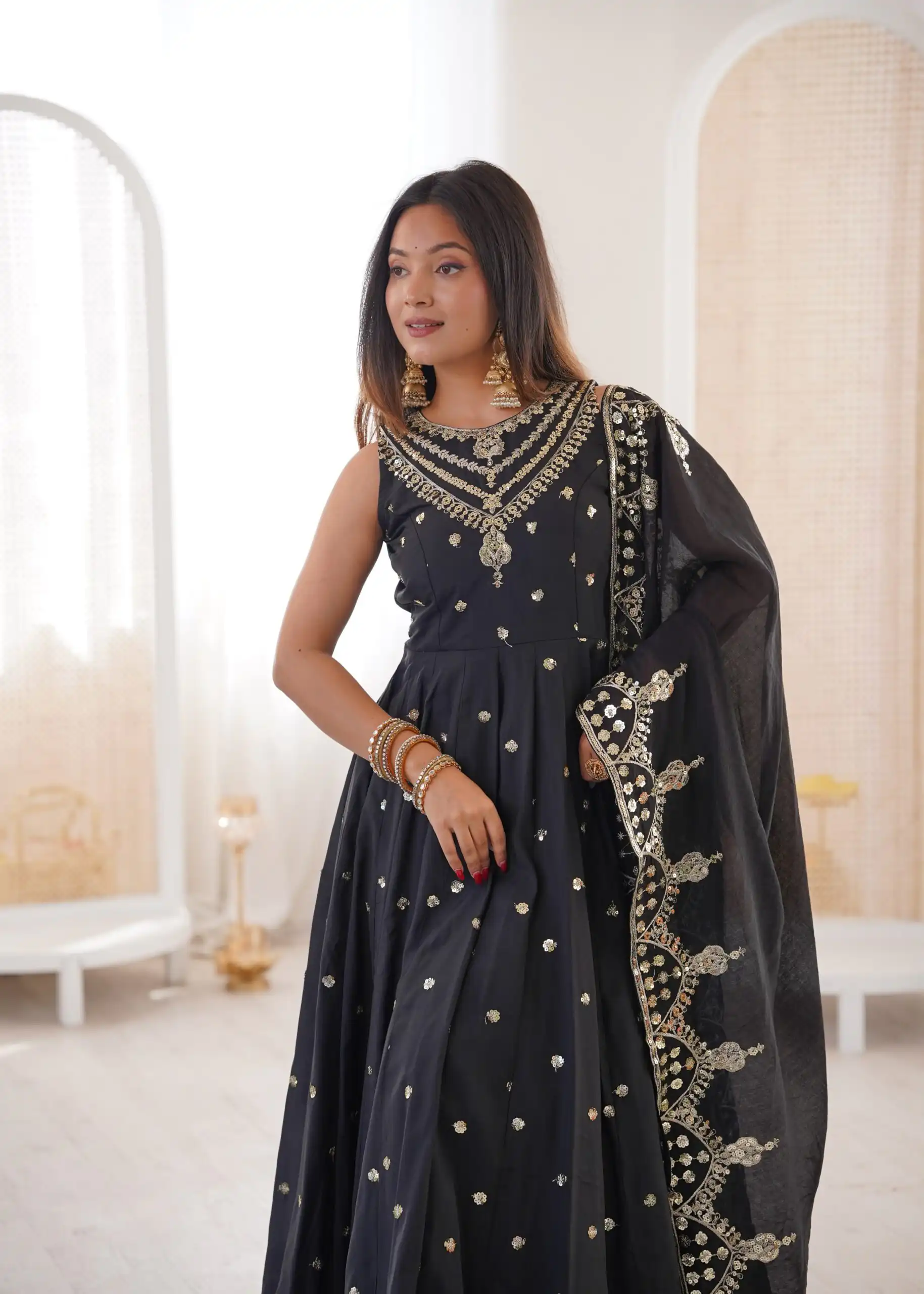 JF 038 Black Roman Silk Gown with Embroidery Work. Wedding, Party, Festive, Events, Navratri, Exclusive Offer ₹2149. Delivery 4-6 Working Days. Shop now. | Gowns, Bollywood Gowns, Creative Gowns, Designer Gowns, Embroidered Gowns, Party Wear Gowns