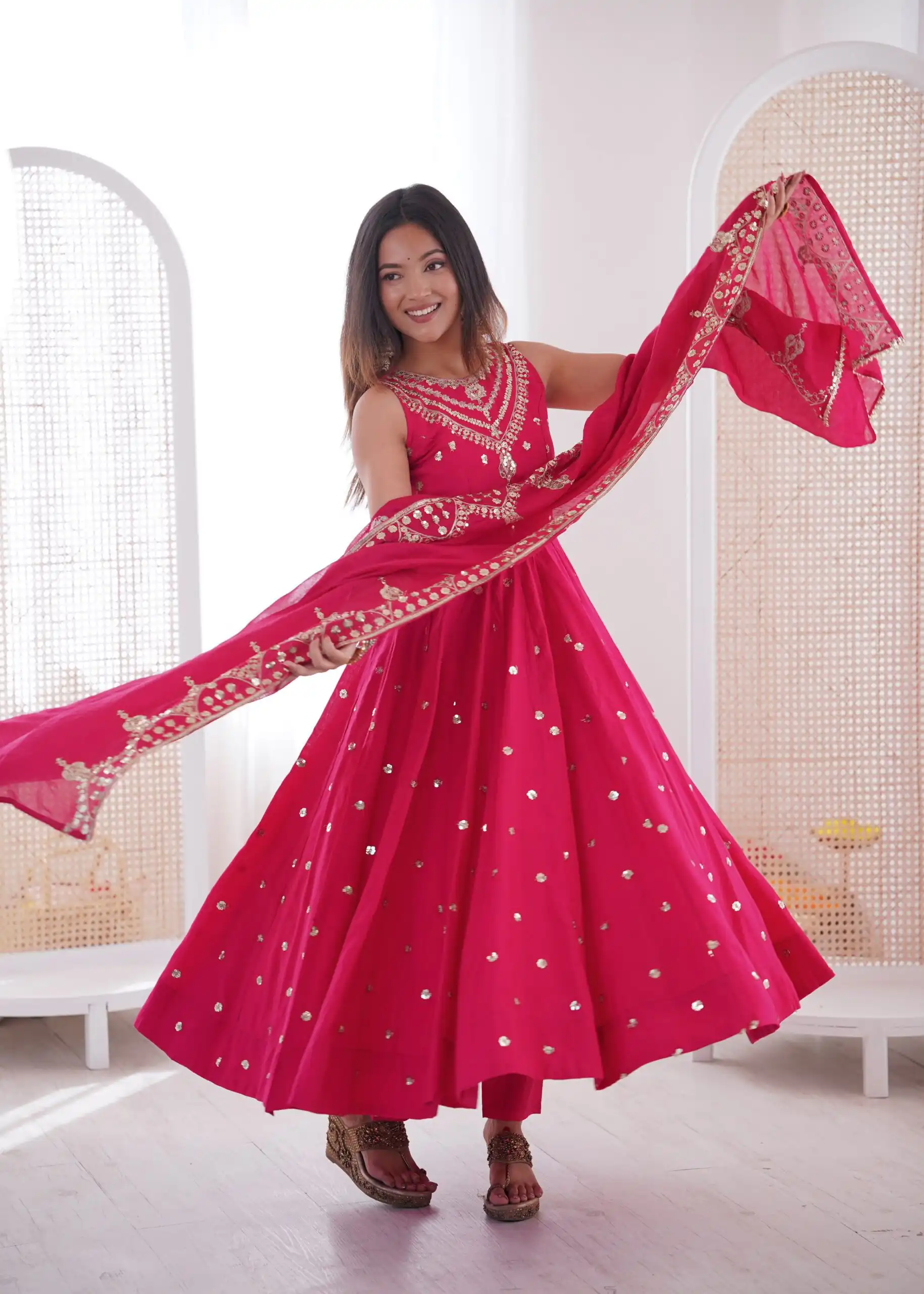 JF 038 Rani Pink Roman Silk Gown with Embroidery Work. Wedding, Party, Events, Navratri, Exclusive Offer ₹2149. Delivery 4-6 Working Days. Shop now. | Gowns, Bollywood Gowns, Creative Gowns, Designer Gowns, Embroidered Gowns, Party Wear Gowns