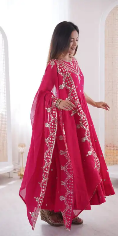 JF 038 Rani Pink Roman Silk Gown with Embroidery Work. Wedding, Party, Events, Navratri, Exclusive Offer ₹2149. Delivery 4-6 Working Days. Shop now. | Gowns, Bollywood Gowns, Creative Gowns, Designer Gowns, Embroidered Gowns, Party Wear Gowns