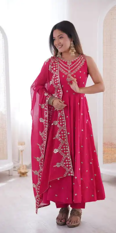JF 038 Rani Pink Roman Silk Gown with Embroidery Work. Wedding, Party, Events, Navratri, Exclusive Offer ₹2149. Delivery 4-6 Working Days. Shop now. | Gowns, Bollywood Gowns, Creative Gowns, Designer Gowns, Embroidered Gowns, Party Wear Gowns