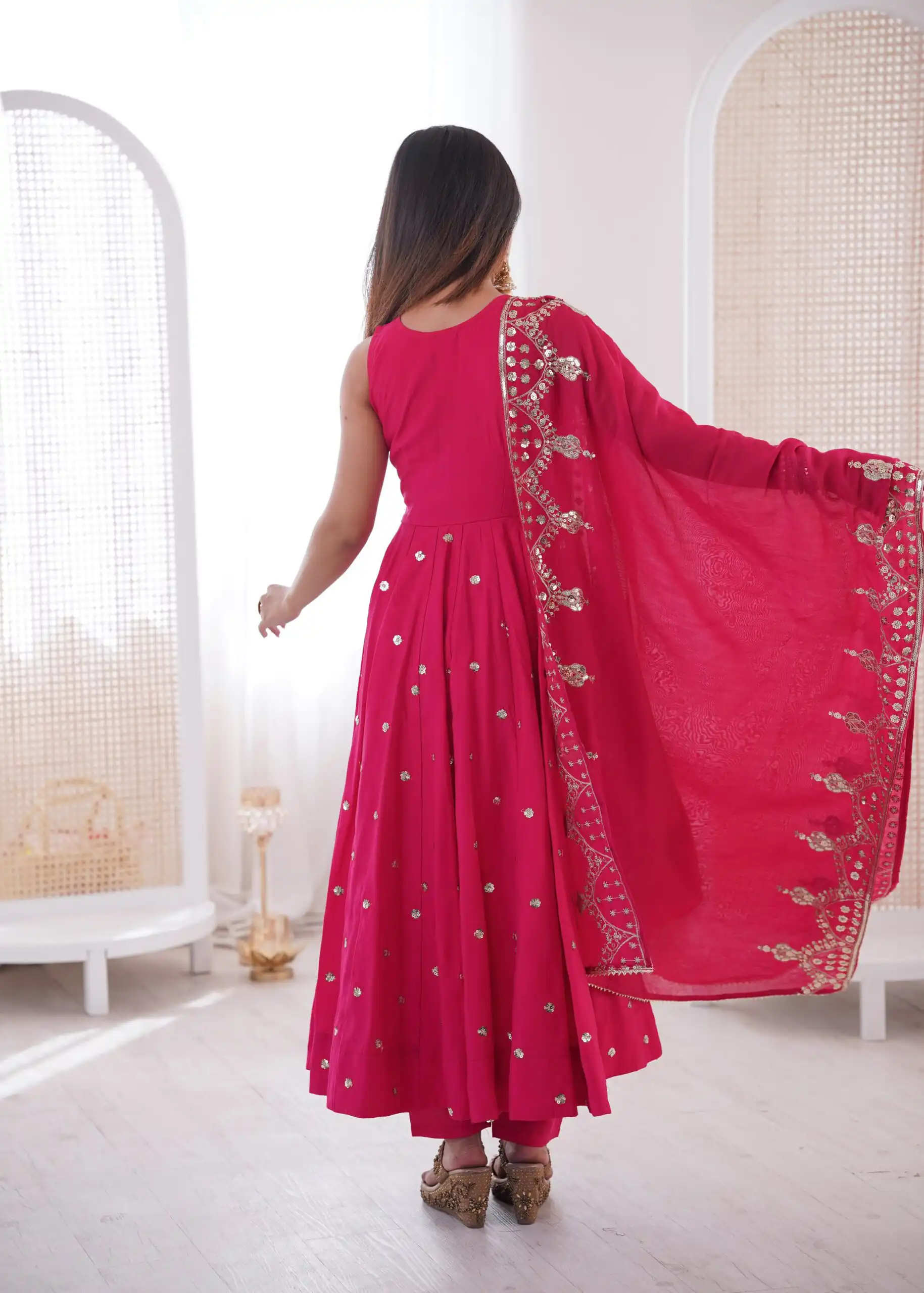 JF 038 Rani Pink Roman Silk Gown with Embroidery Work. Wedding, Party, Events, Navratri, Exclusive Offer ₹2149. Delivery 4-6 Working Days. Shop now. | Gowns, Bollywood Gowns, Creative Gowns, Designer Gowns, Embroidered Gowns, Party Wear Gowns