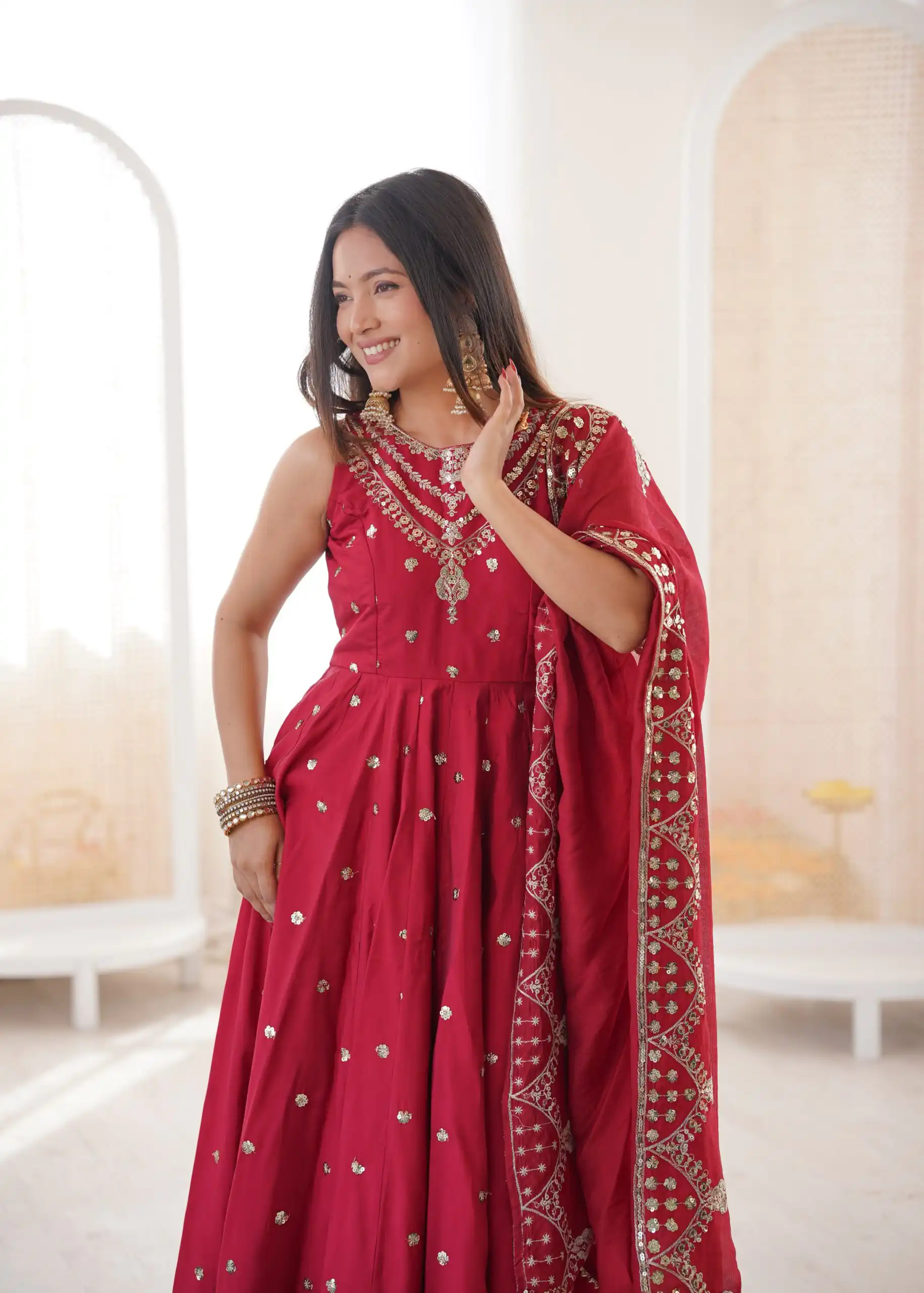 JF 038 Red Roman Silk Gown with Embroidery Work. Wedding, Party, Festive, Events, Navratri, Exclusive Offer ₹2149. Delivery 4-6 Working Days. Shop now. | Gowns, Bollywood Gowns, Creative Gowns, Designer Gowns, Embroidered Gowns, Party Wear Gowns